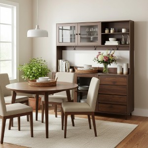 Homy Casa Large Kitchen Buffet Cabinet with Hutch, Glass Doors & Storage Drawers, Walnut - 1 of 4