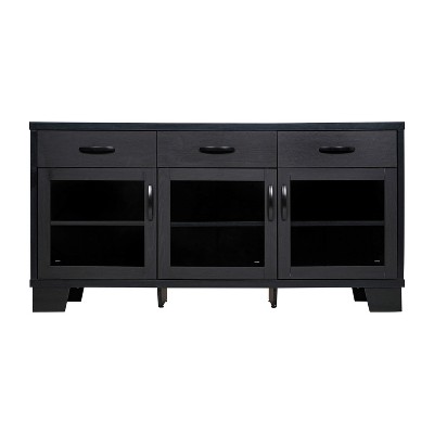 Black Engineered Wood Buffet Sideboard with Glass Doors and Drawers