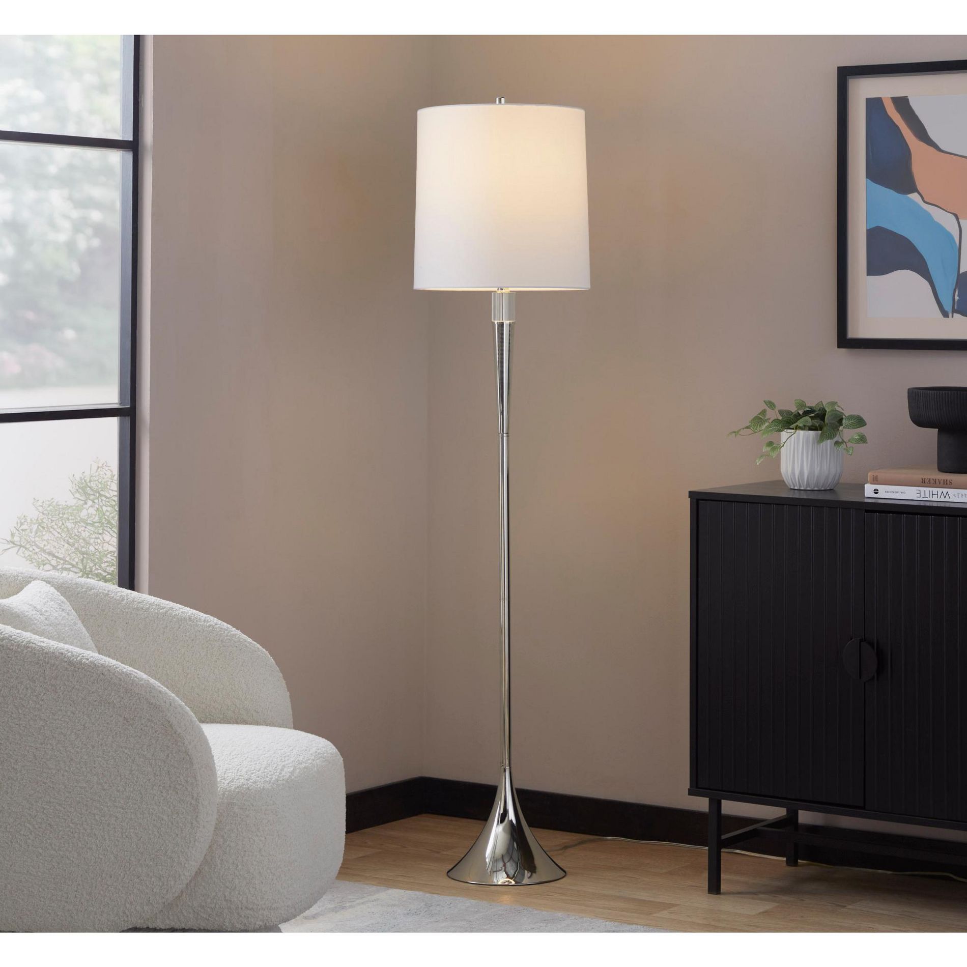 Contemporary Metal Floor Lamp Set of 2, Polished Nickel Finish, Clear K9 Crystal, White Linen Shade, 3-Way Switch, 60 Inch