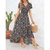 Women's Summer Short Sleeve V Neck Floral Print Irregular Hem Mid Split Button Smocked Waist Casual Swing Maxi Dress - 3 of 4
