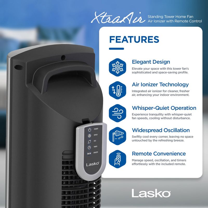 Lasko XtraAir 48 Inch 4 Speed Quiet Widespread Oscillating Standing Tower Home Fan Air Ionizer with Remote Control and 8 Hour Timer, Silver, 2 of 7