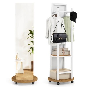 Costway Coat Rack with Full Length Mirror, 3 Hooks & Storage Shelves, 360° Swivel Wheels Browm/Natural/Black & Walnut - 1 of 4