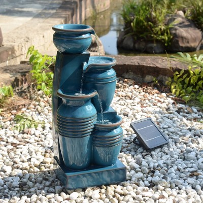 Teal Blue Polyresin 4-Tier Solar Powered Water Fountain with LED Lights
