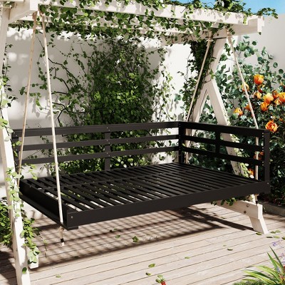GDFStudio Frank Patio Acacia Wood Porch Swing Bed with 96 inch Hemp Ropes