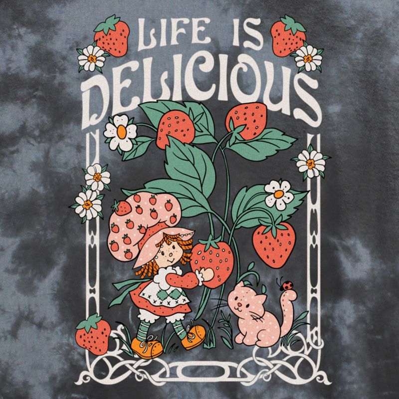 Juniors Womens Strawberry Shortcake Life is Delicious Mineral Wash Crop T Shirt, 2 of 5