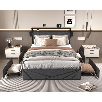 Upholstered Bed with LED Lights and Charging Station, Bed with Storage Headboard and Base Drawers, Sturdy Metal Frame Bed-Baofuwish