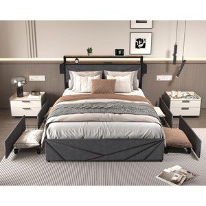 Upholstered Bed with LED Lights and Charging Station, Bed with Storage Headboard and Base Drawers, Sturdy Metal Frame Bed-Baofuwish - 1 of 4