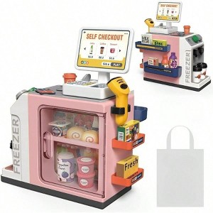 Cash Register Playset 48PCS with Toy Coffee Machine, Pretend Money, Calculator, Scanner, Credit Card Play Food - 1 of 4