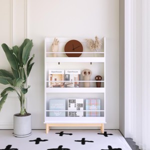 Yukimo 46" Wall-Mounted Kids Bookshelf, Modern White Book Rack with Natural Wood Base for Toddler Bedroom, Nursery or Playroom - 1 of 4