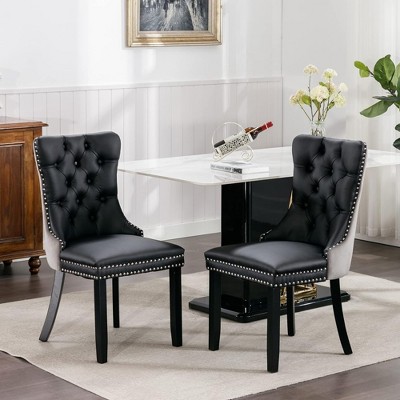 QingMoon Dining Chairs Set of 2, PU Leather and Velvet Kitchen Chairs with Tufted Back and Nailed Trim for Dining Room, Living Room