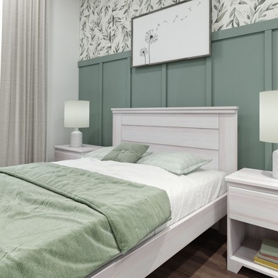White Wash Pine Full Bed Frame with Panel Headboard and Storage
