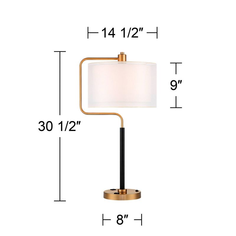 Possini Euro Design Carlyle Modern Mid Century Desk Lamp 30 1/2" Tall Gold with USB and AC Power Outlet in Base Double Drum Shades for Living Room, 4 of 10