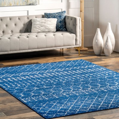 Distressed Moroccan Trellis 4' Square Blue Synthetic Area Rug