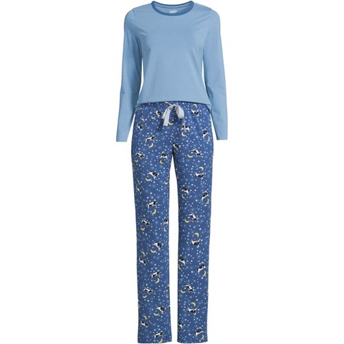 Lands' End Women's Tall Knit Pajama Set Long Sleeve T-shirt And Pants -  Medium Tall - Muted Blue Florals : Target