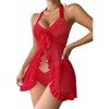 Clotth Women's Ruffle Sheer Mesh Lingerie - Dress with Thong 2 Piece, Halter Open Front Mesh Lace Babydoll Lingerie, Red - 4 of 4