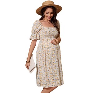 Women's Maternity Dress Square Neck Smocked Waist Puff Sleeve Floral Print Casual Midi Dress - 1 of 4