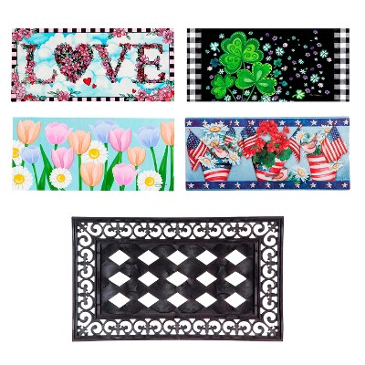 Evergreen Indoor Outdoor Doormat Bundle Set of 5 - Frame and 4 Holiday Seasonal Inserts Valentine's Love Easter Tulips 4th of July and St. Patricks