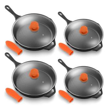 NutriChef Pre Seasoned Nonstick Cast Iron Frying Pan Set Bundle with (2) 10 Inch and (2) 12 Inch Frying Pans, Lids and Handle Covers