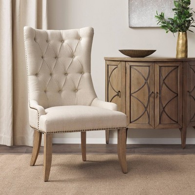 Elegant Cream High-Back Tufted Accent Chair with Light Oak Legs