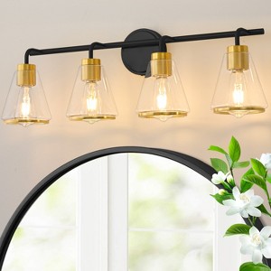 POWLIG 30.3-in 4-Light Modern Black Gold Dimmable Bathroom Vanity Light with Cone Clear Glass Shade - 1 of 4