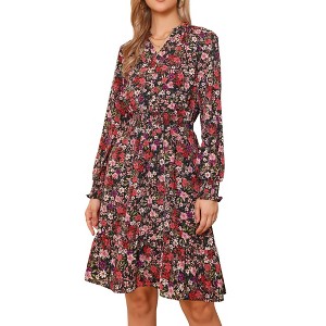 INSPIRE CHIC Women's V Neck Floral Smocked High Waist Long Sleeve Ruffle A Line Knee Length Dresses - 1 of 4
