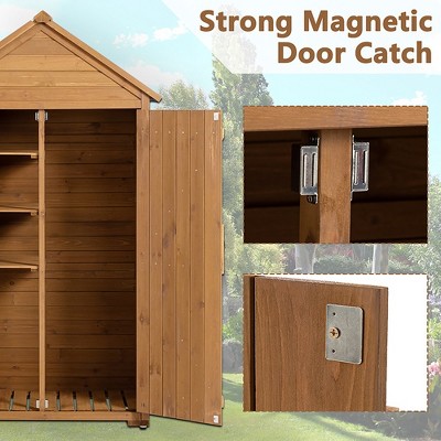 Brown Fir Wood Outdoor Storage Cabinet with Shelves and Lock