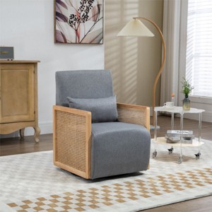 360° Swivel Accent Chair,Black Faux Leather Swivel Arm Chair Barrel Armchair With Pillow And Rattan Armrests Swivel Occasional Chair-Cuddlewood - 1 of 4