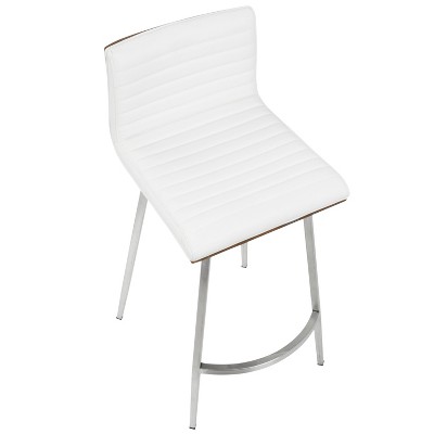 Set of 2 White Faux Leather Swivel Counter Stools with Walnut Wood and Stainless Steel