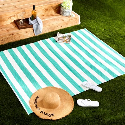 Reversible Aqua & White Striped Synthetic Outdoor Rug 4' x 6'