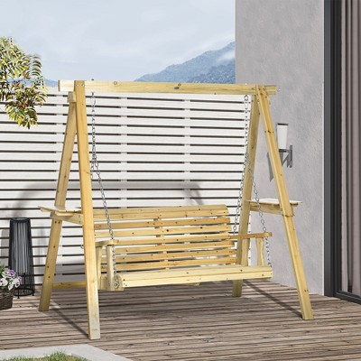 Spacious Two-Person Outdoor Swing Chair with Side Tables in Natural Fir