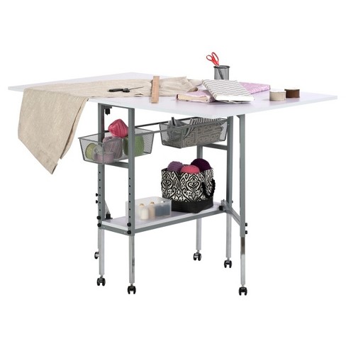 Comet Plus Hobby/office/sewing Desk With Fold Down Top, Height Adjustable  Platform, Bottom Storage Shelf And Drawer Silver/white - Sew Ready : Target