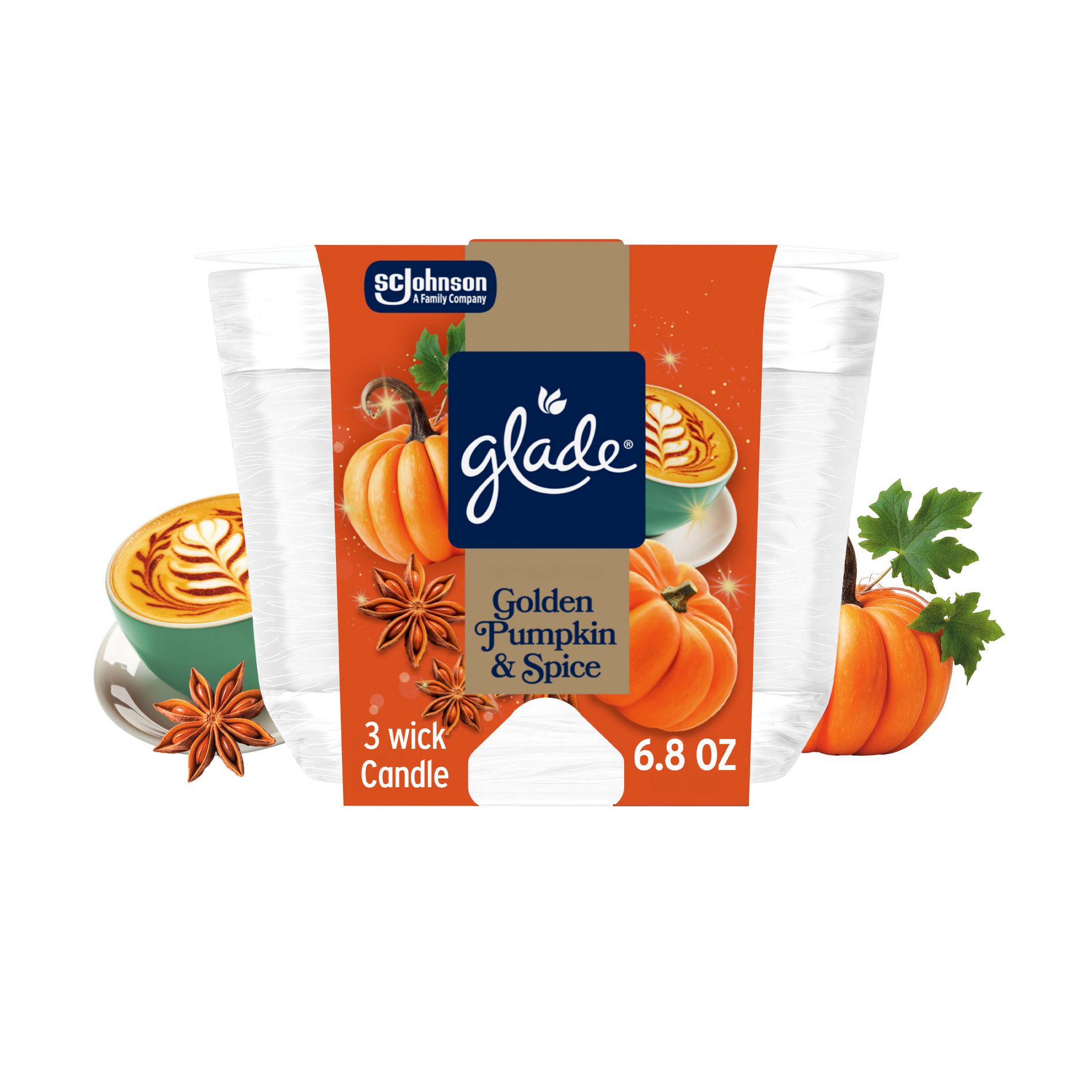 Glade 3 Wick Scented Fall Candle in Glass Jar - Golden Pumpkin & Spice - 6.8oz ​