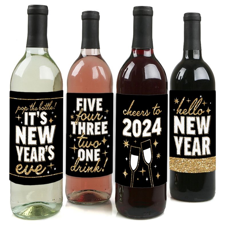 Big Dot of Happiness Hello New Year - 2024 NYE Party Decorations for Women and Men - Wine Bottle Label Stickers - Set of 4, 1 of 9