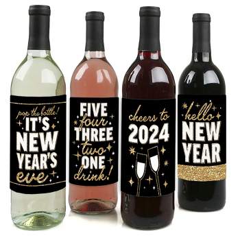 Big Dot of Happiness Hello New Year - 2024 NYE Party Decorations for Women and Men - Wine Bottle Label Stickers - Set of 4