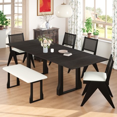6 Piece Extendable Dining Table Set Dining Set with Removable Leaf, 4 Wicker Back Upholstered Dining Chairs and Long Bench, Walnut/Espresso-ModernLuxe