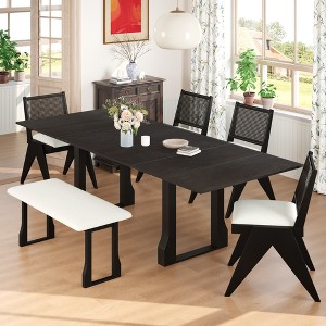 6 Piece Extendable Dining Table Set Dining Set with Removable Leaf, 4 Wicker Back Upholstered Dining Chairs and Long Bench, Walnut/Espresso-ModernLuxe - 1 of 4
