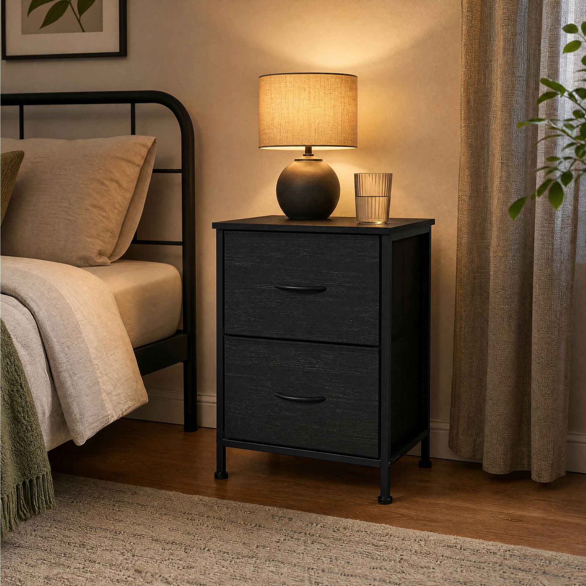 LEDREM Nightstand with 2 Non-Woven Fabric Drawers, Chest of Drawers for Bedroom, Closet, White