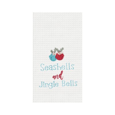 C&F Home Seashells And Jingle Bells Embroidered Waffle Weave Kitchen Towel