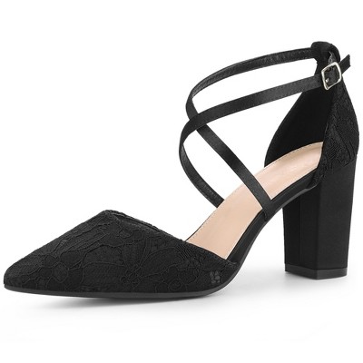 Perphy Women's Pointed Toe Criss Cross Straps Chunky Heel Lace Pumps