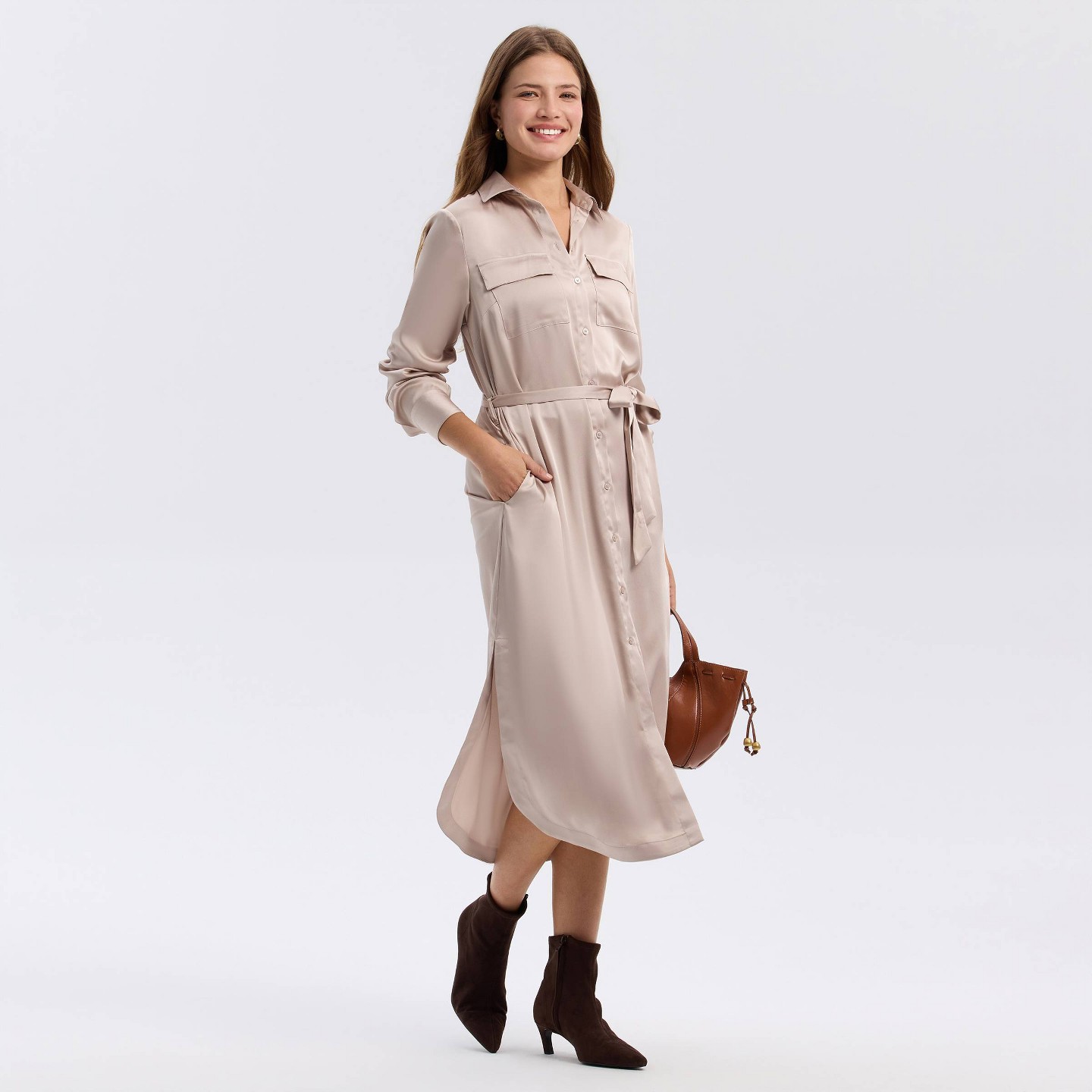Женское платье A New Day Long Sleeve Belted Satin Midi Shirtdress — фото 3