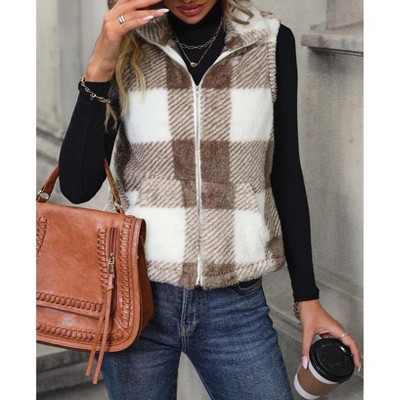 Coolmee Fuzzy Fleece Vest For Women Plaid Sleeveless Jacket with Pockets Warm Fluffy Zip Up Outerwear Coats