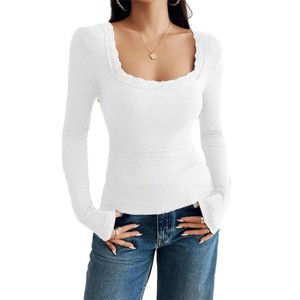 Womens Long Sleeve Sliming Tops Lace U Neck Tee Shirts Knit Rib Tops Slim Fit Open Back Tee Blouse - 1 of 3