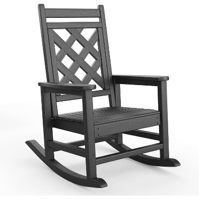 Outdoor Adirondack Rocking Chair, All Weather HDPE Fire Pit Chair with Wide Back, 380LB Weight Capacity Outdoor Lounger Rocking Fire Pit Chair Black