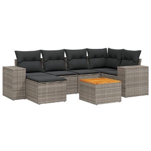 vidaXL 7 Piece Patio Sofa Set with Cushions Poly Rattan - Gray - 1 of 4