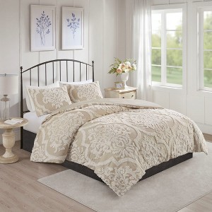 Full/Queen 3 piece Tufted Cotton Chenille Damask Duvet Cover Set - 1 of 1