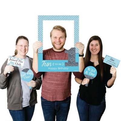 Big Dot of Happiness 1st Birthday Boy - Fun to be One - First Birthday Party Selfie Photo Booth Picture Frame & Props - Printed on Sturdy Material