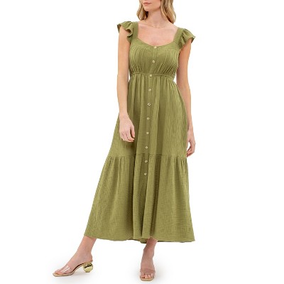 August Sky Women's Faux Button Flutter Sleeves Midi Dress