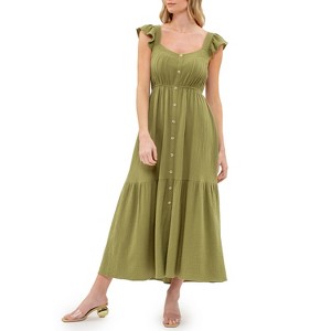 August Sky Women's Faux Button Flutter Sleeves Midi Dress - 1 of 4