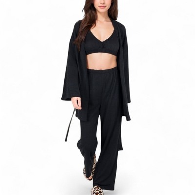 Anna-Kaci Lounge Women's 3-Piece Lounge Set with Tie-Front Cardigan and Ribbed Pants