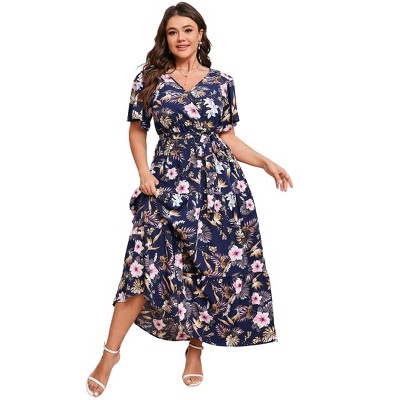 BLUEMING Summer Maxi Dress for Plus Size Women Tie Wasit Surplice Dress Flutter Sleeve A-Line Dress
